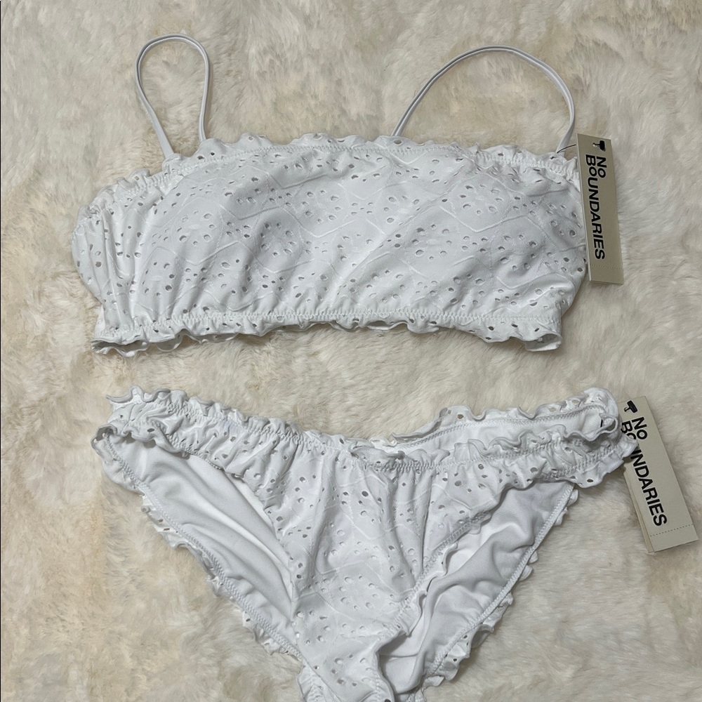 No Boundaries White Eyelet Ruffle Two-Piece Bikini